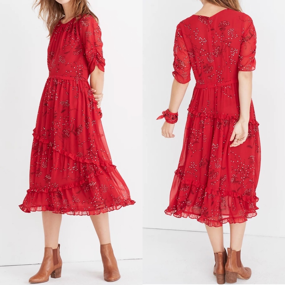 Madewell Red Windpoppy Ruffle Midi Dress in Windswept Floral - 16